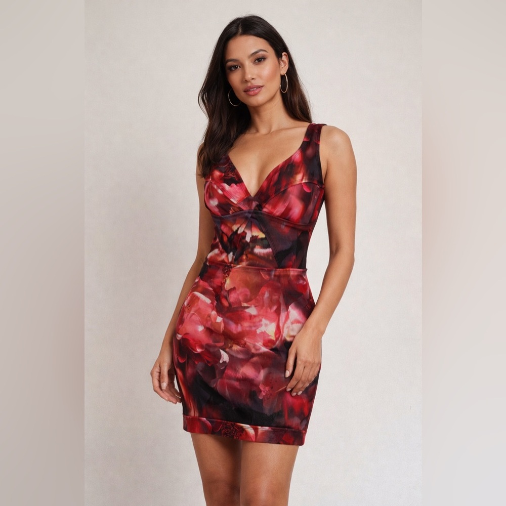 ❤️‍🔥bebe Red & Black Floral Bodycon Mini Dress | XS